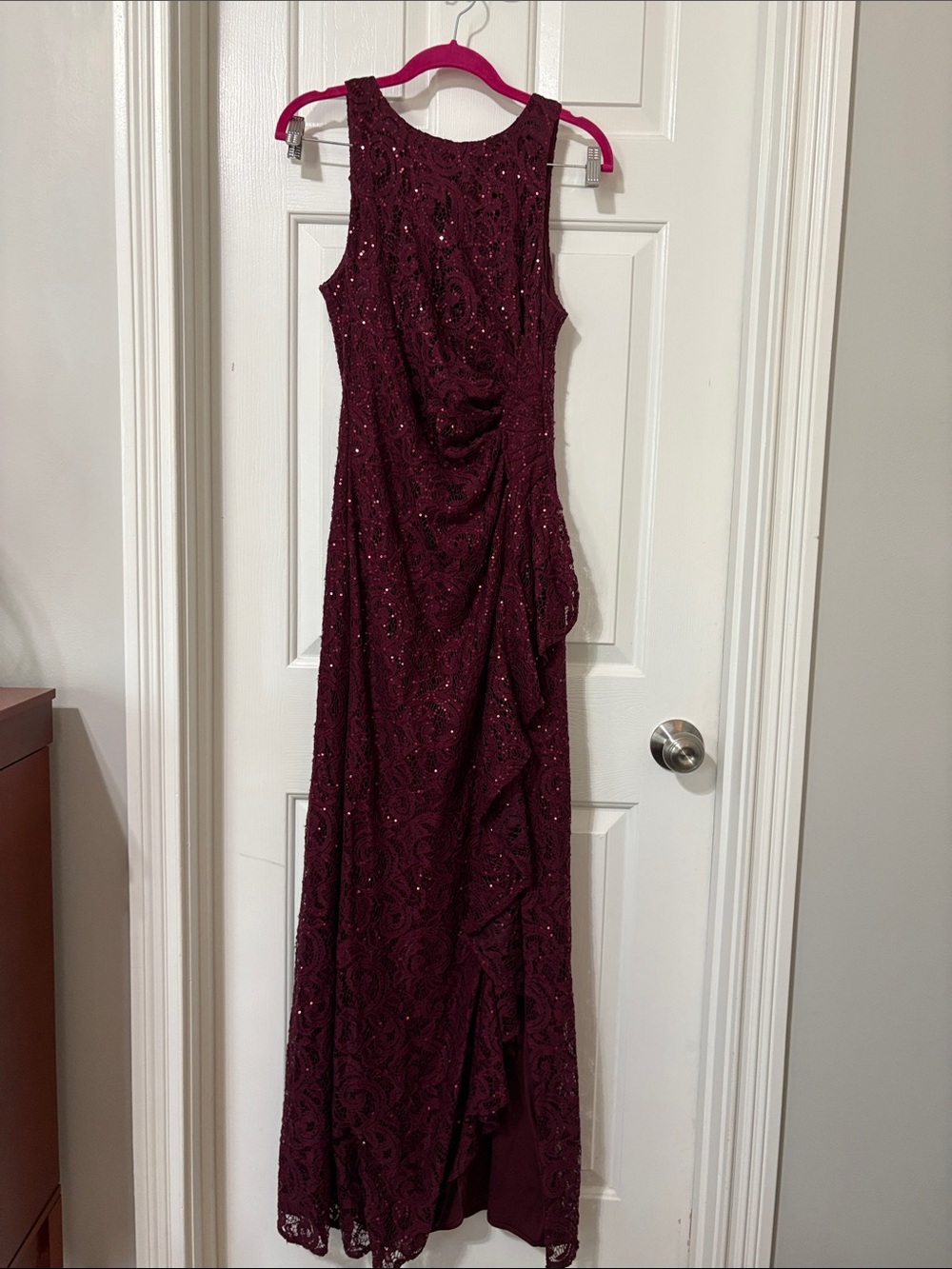 Alex Evenings Sleeveless Lace Maxi Dress in Burgundy with Sequin Detail
